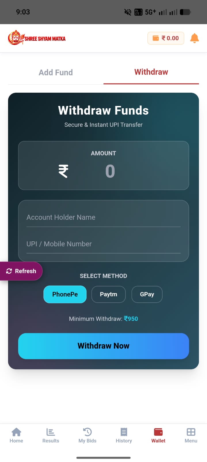 Shree Shyam Matka Game Selection Interface Full View